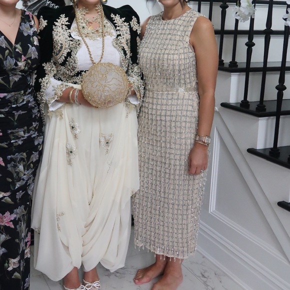 Mac Duggal Beige Sleeveless High neck beaded midi dress - Picture 4 of 16